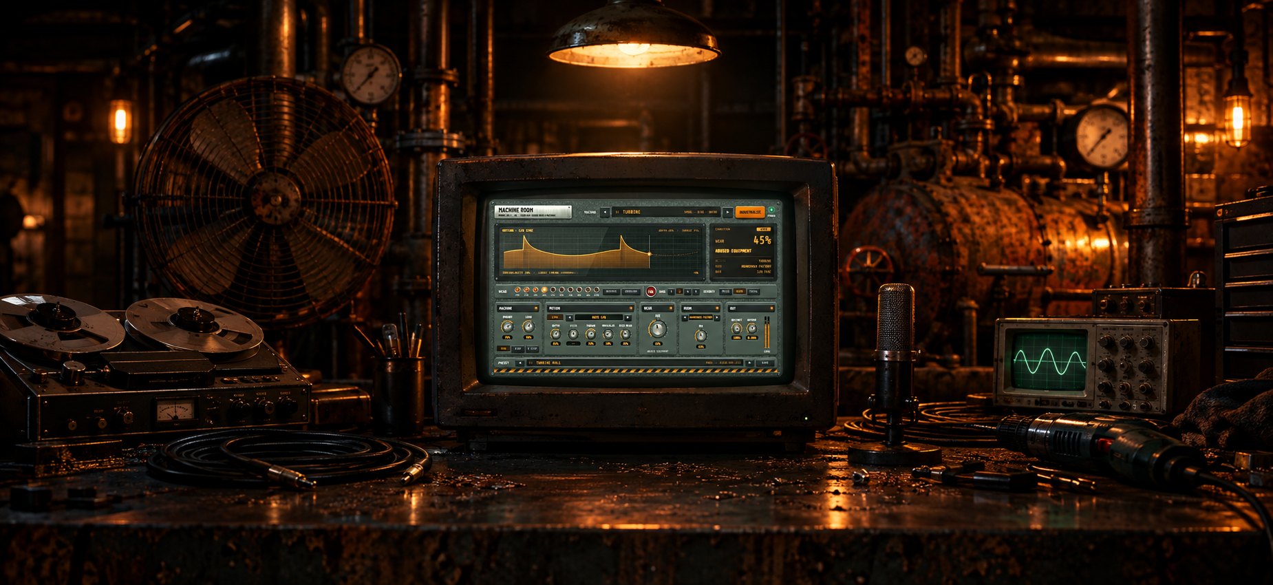 Machine Room on an old monitor in a boiler room, beside a tape deck, fan, microphone, oscilloscope and drill