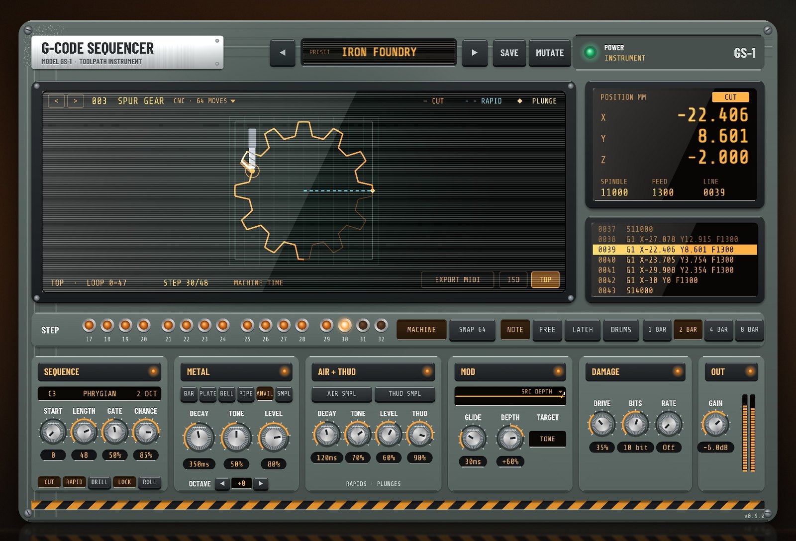 G-Code Sequencer instrument cutting a spur gear with the Iron Foundry preset
