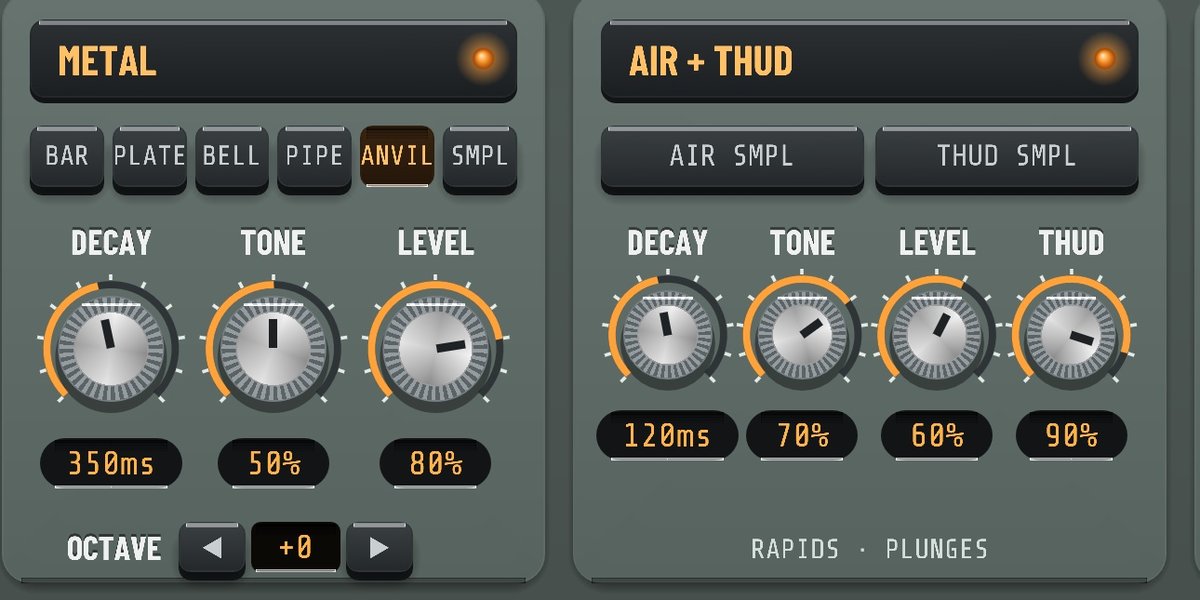 Metal and Air plus Thud modules with decay, tone, level and thud knobs